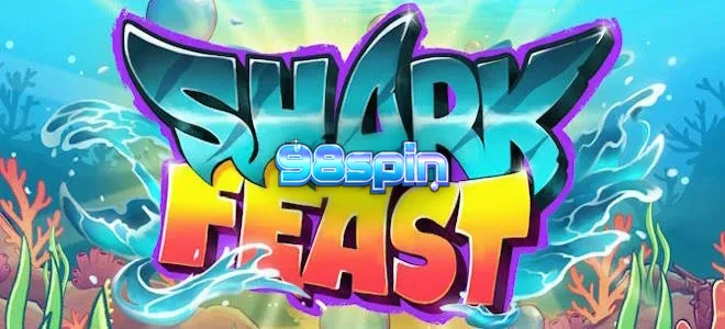 Tampilan visual cerah dari permainan slot Shark Feast dengan tema festival bawah laut neon.